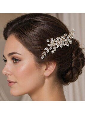 Tigerstars Gold Marquise CZ Stone Cluster Floral Leaf Vine Hair Comb